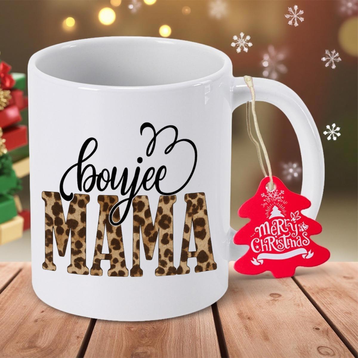 Tailorly White Ceramic 11 oz Mug - Boujee Mama Merry Christmas Leopard Print Textures With Black Decorative Cursive Script Mug