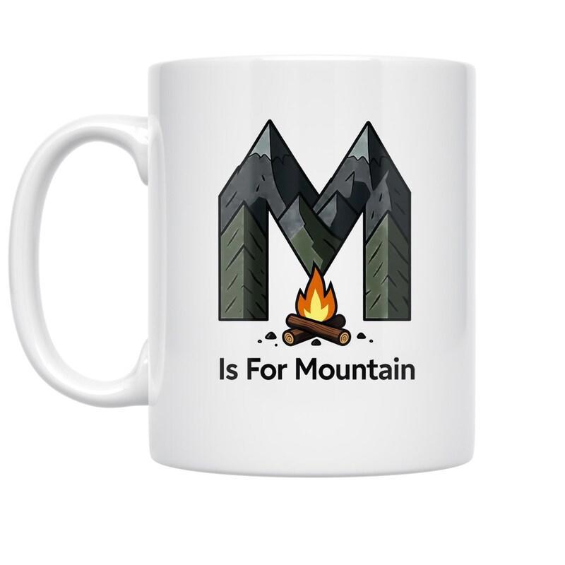 Tailorly White Ceramic 11 oz Mug - Is For Mountain Stylized Peaks Shaped Like Letter M Above A Glowing Campfire Mountain