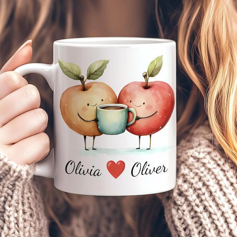 Tailorly White Ceramic 11 oz Mug - Olivia Oliver Two Sweet Hand Drawn Fruit Characters Sharing Small Warm Cup Of Coffee Apple