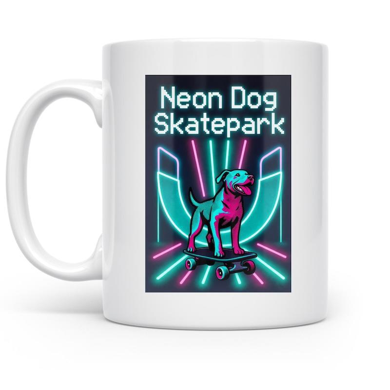 Tailorly White Ceramic 11 oz Mug - Neon Dog Skatepark Vibrant Retro Cyberpunk Glowing Lights On A Rolling Skateboard Dog
