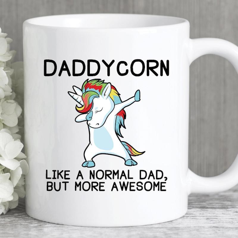 Tailorly White Ceramic 11 oz Mug - Daddycorn Like A Normal Dad But More Awesome Magical Rainbow Mane Character Dancing With A Confident Dabbing Pose Unicorn
