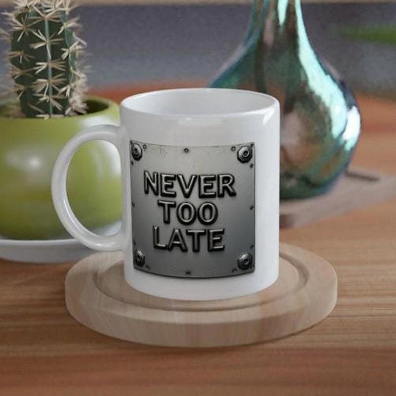Tailorly White Ceramic 11 oz Mug - Never Too Late Industrial Grey Metallic Texture Surface With Rivets At Corners Plate