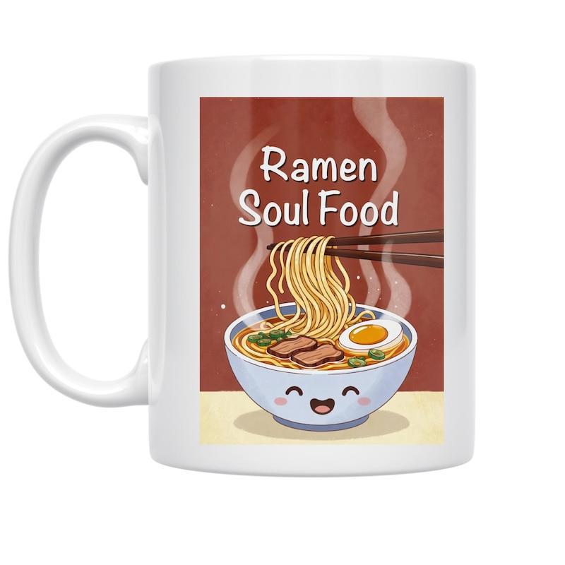 Tailorly White Ceramic 11 oz Mug - Ramen Soul Food Cute Smiling Bowl With Chopsticks Lifting Steaming Noodles Under Soft Light Ramen