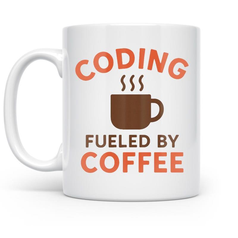 Tailorly White Ceramic 11 oz Mug - Coding Fueled By Coffee Steaming Brown Cup Floating Among Minimalist Orange Text Mug