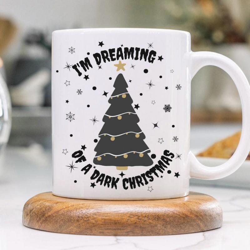 Tailorly White Ceramic 11 oz Mug - Im Dreaming Of A Dark Christmas Black Festive Pine With Golden Lights And Scattered Small Stars Tree