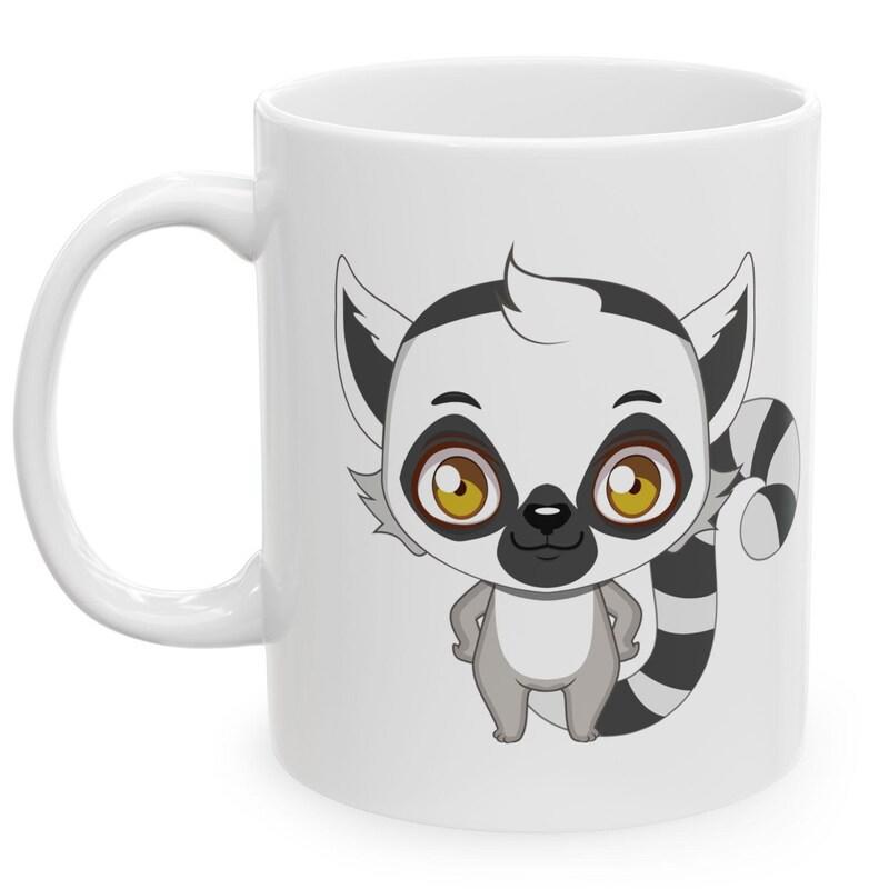 Tailorly White Ceramic 11 oz Mug - Adorable Cartoon Ring Tailed Character With Large Expressive Eyes Standing Alone Lemur
