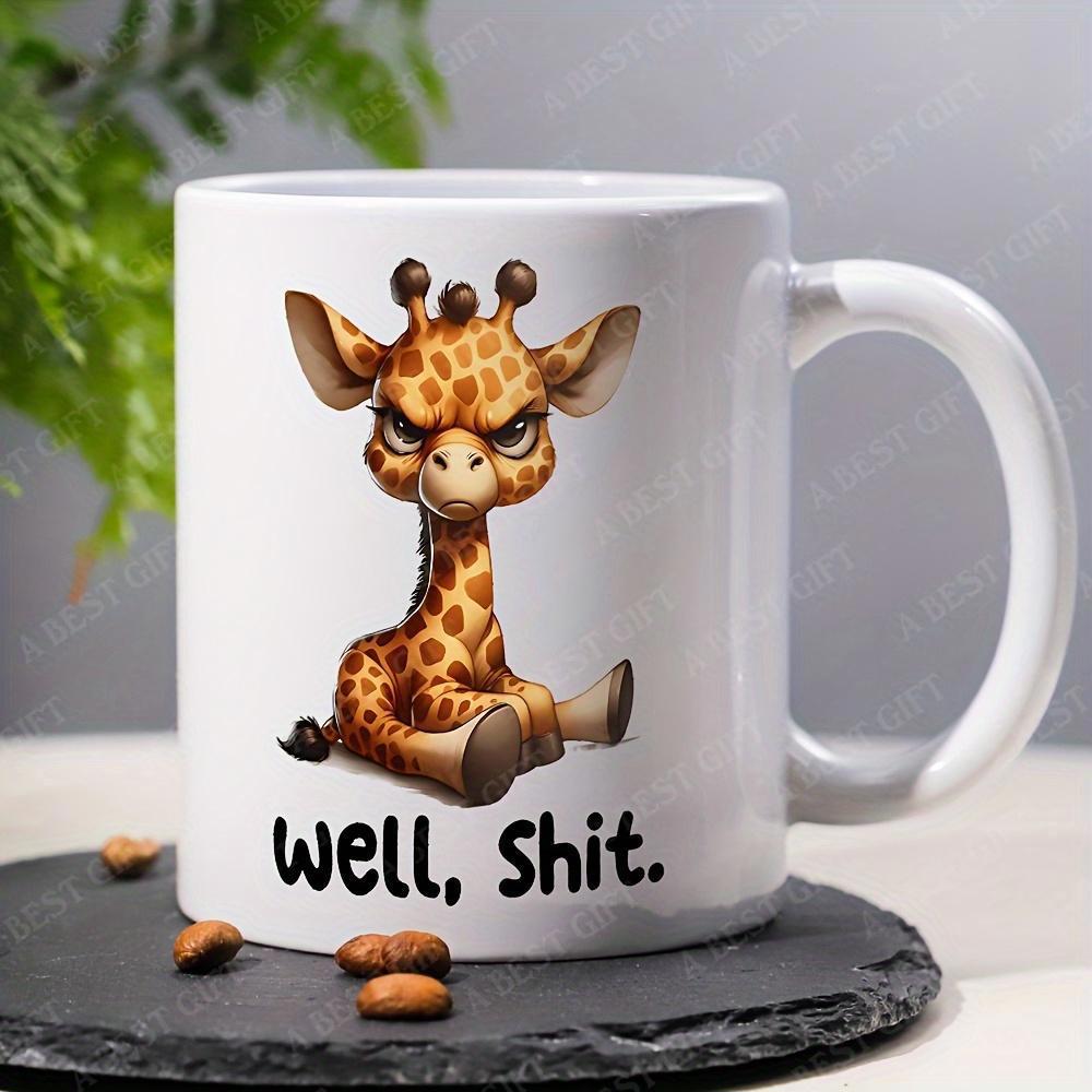 Tailorly White Ceramic 11 oz Mug - Well Shit Grumpy Cartoon Baby Animal Sitting With An Angry Expression Giraffe