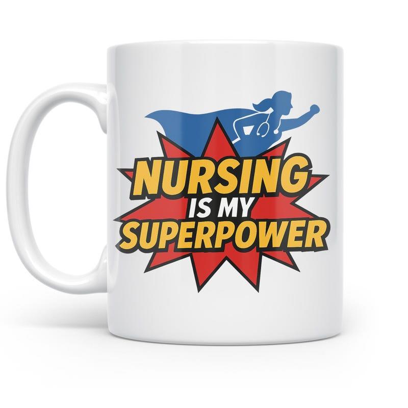 Tailorly White Ceramic 11 oz Mug - Nursing Is My Superpower Flying Blue Superhero Silhouette Wearing A Medical Cape Nurse