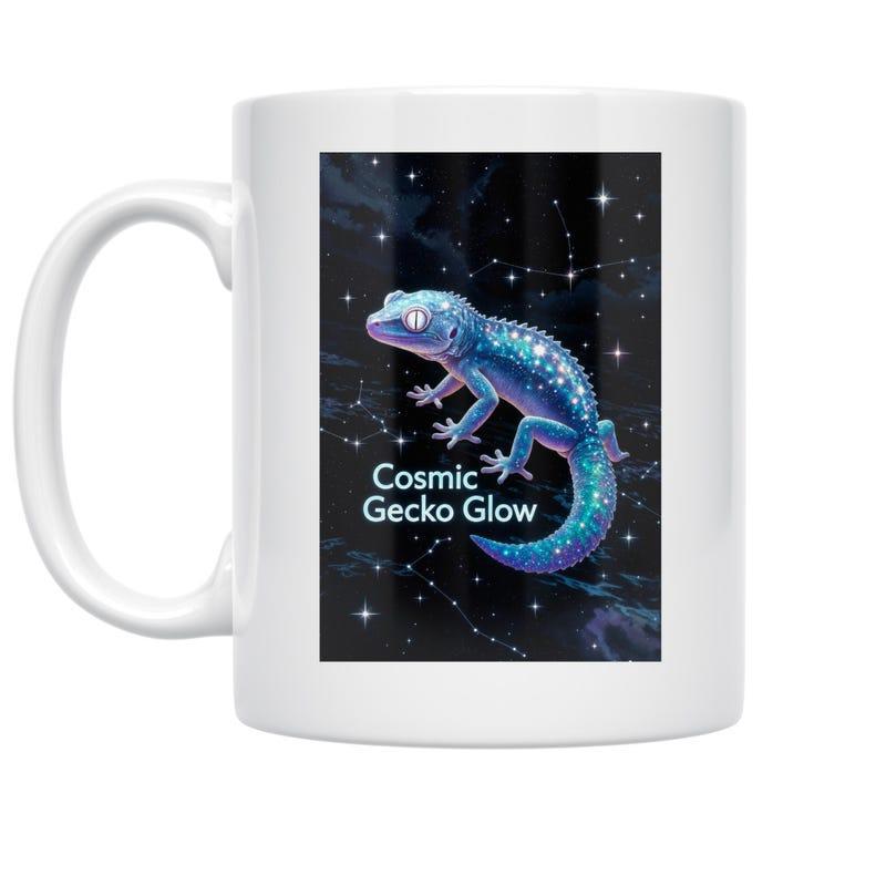 Tailorly White Ceramic 11 oz Mug - Cosmic Gecko Glow Vibrant Galaxy Pattern With Sparkling Stars Floating In Deep Celestial Space Gecko