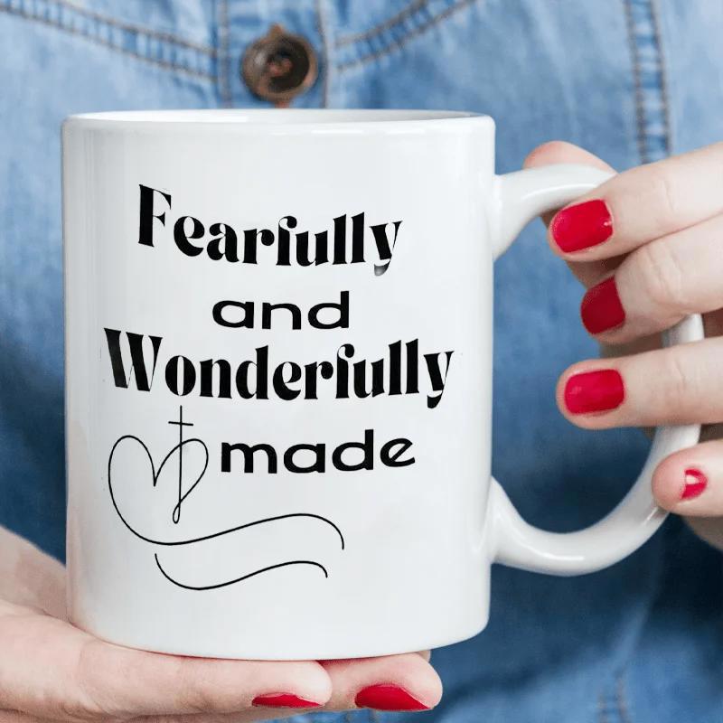 Tailorly White Ceramic 11 oz Mug - Fearfully And Wonderfully Made Minimalist Heart Line Art With Cross Symbol Among Script Flourish Mug