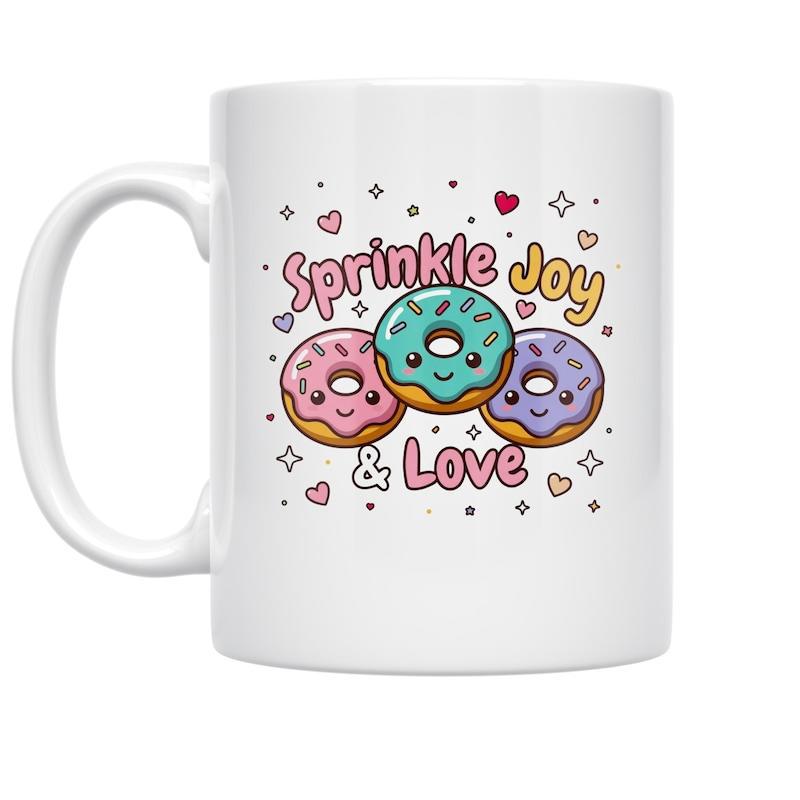 Tailorly White Ceramic 11 oz Mug - Sprinkle Joy Love Three Colorful Smiling Kawaii Donuts Surrounded By Tiny Hearts And Stars Donut