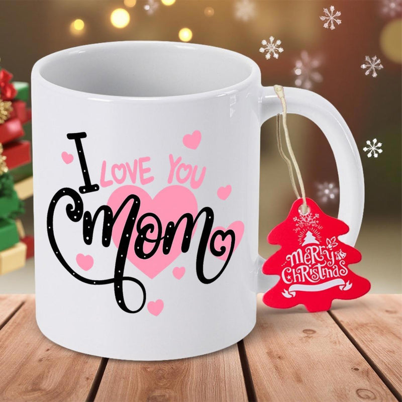 Tailorly White Ceramic 11 oz Mug - I Love You Mom Artistic Black Script With Pink Hearts On