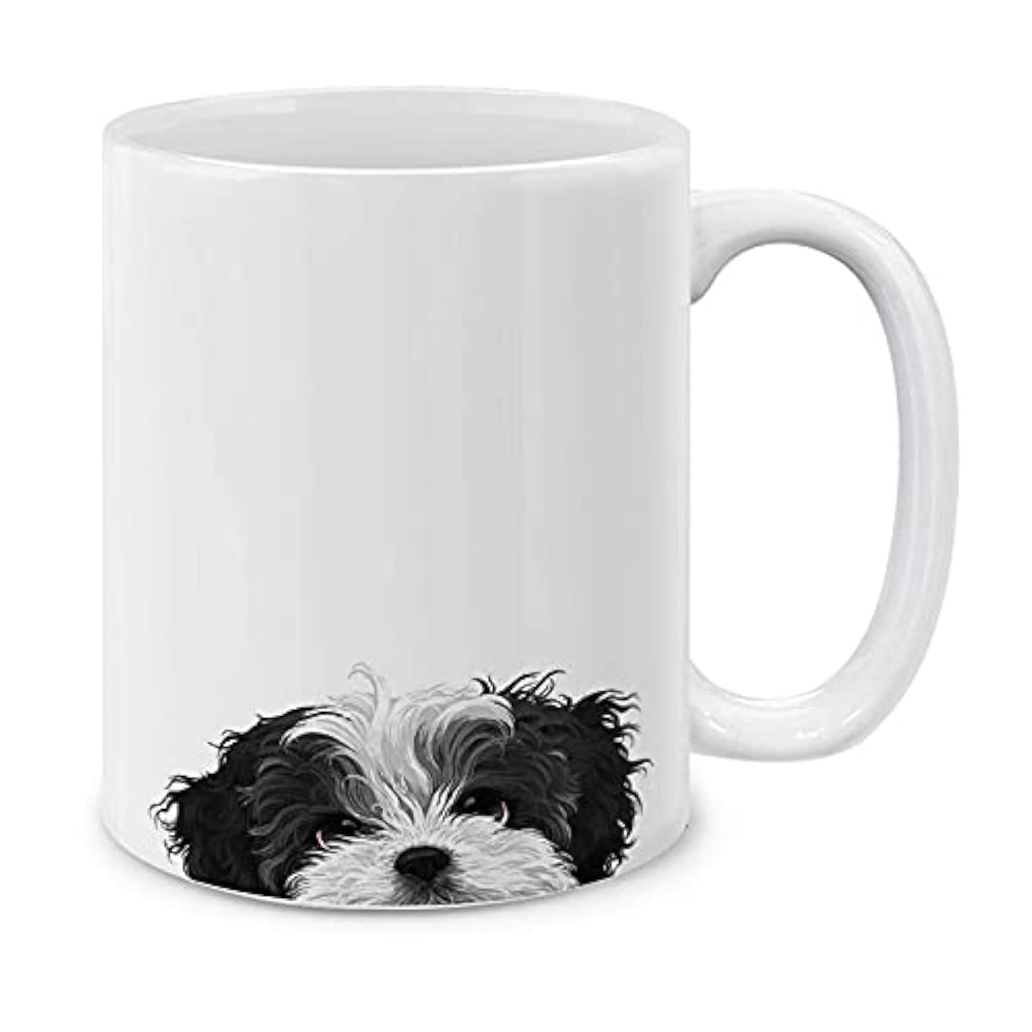 Tailorly White Ceramic 11 oz Mug - Charming Fluffy Black And White Peeking Small Dog With Gentle Eyes Puppy