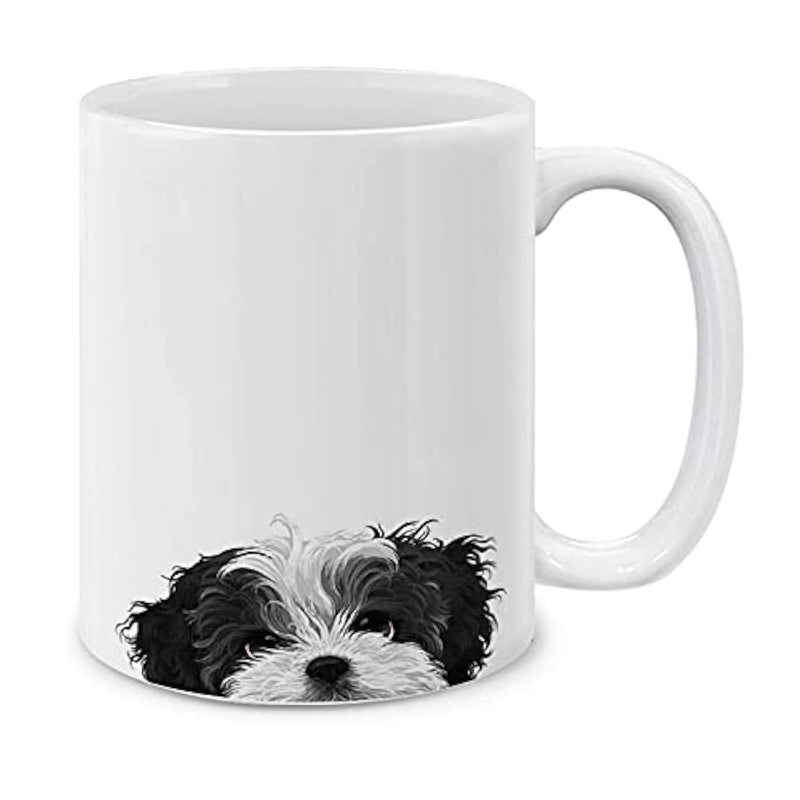 Tailorly White Ceramic 11 oz Mug - Charming Fluffy Black And White Peeking Small Dog With Gentle Eyes Puppy