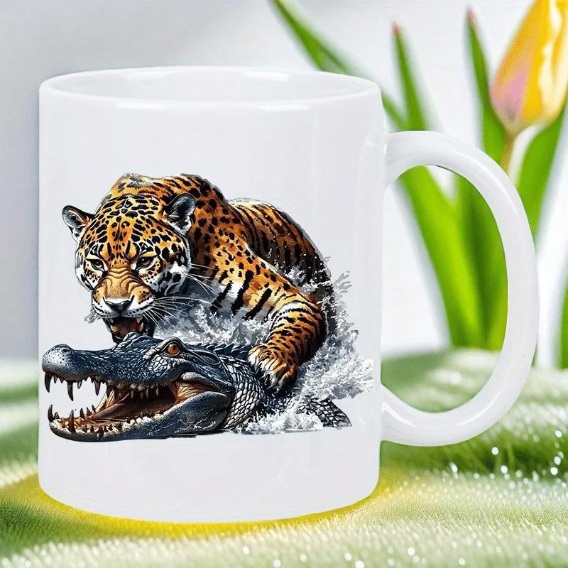 Tailorly White Ceramic 11 oz Mug - Fierce Predator Attacking A Large Crocodile With Splashing Water Jaguar