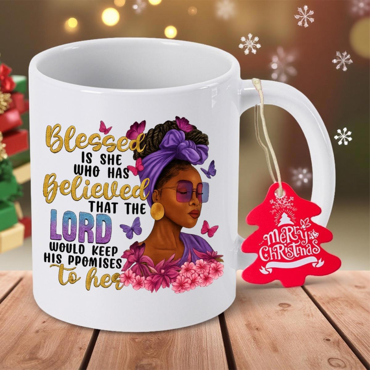 Tailorly White Ceramic 11 oz Mug - Blessed Is She Who Has Believed Graceful Woman Wearing Purple Headwrap Surrounded By Colorful Butterflies And Flowers Woman