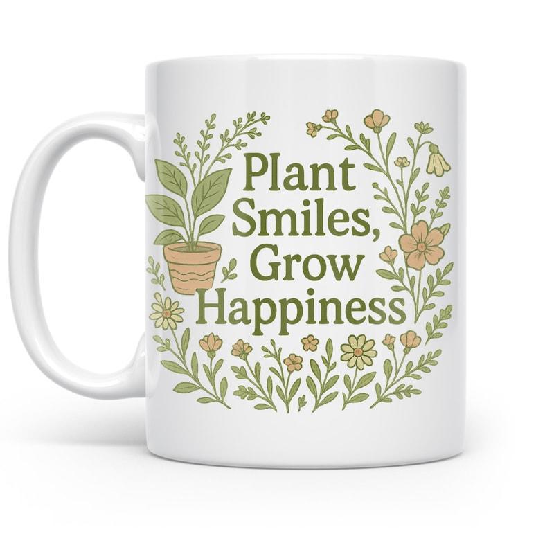 Tailorly White Ceramic 11 oz Mug - Plant Smiles Grow Happiness Vintage Botanical Wreath With Small Potted Garden Greenery Plant