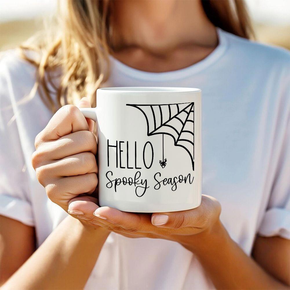Tailorly White Ceramic 11 oz Mug - Hello Spooky Season Minimalist Halloween Decoration Featuring A Delicate Hanging Spider From Silken Web