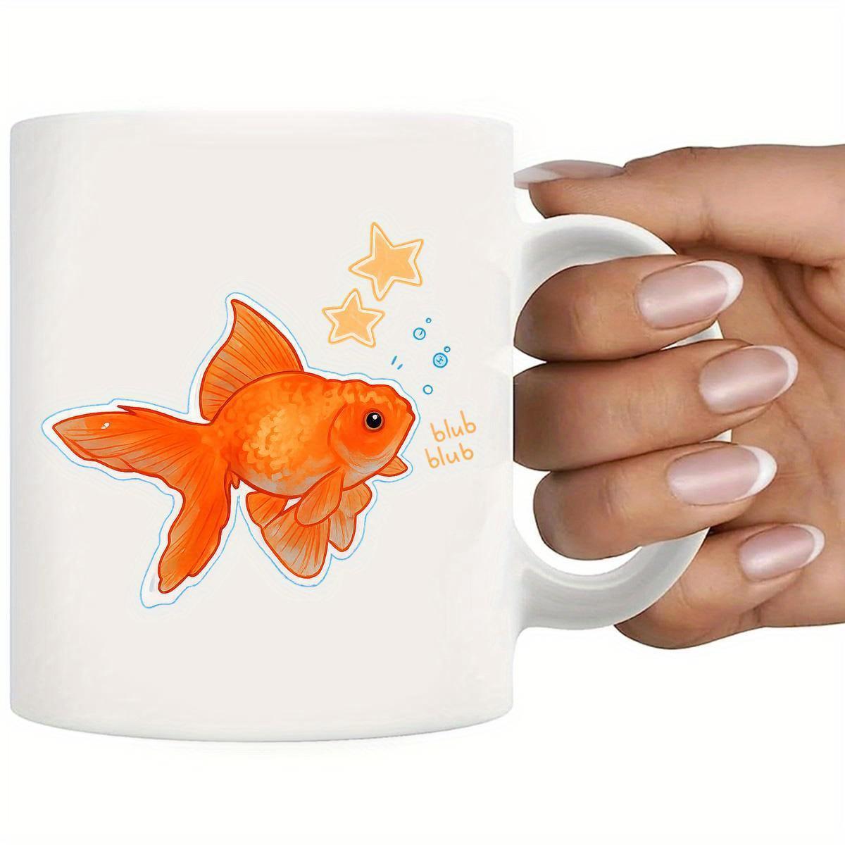 Tailorly White Ceramic 11 oz Mug - Glub Glub Vibrant Orange Watercolor Fish Swimming Among Stars And Blue Bubbles Goldfish