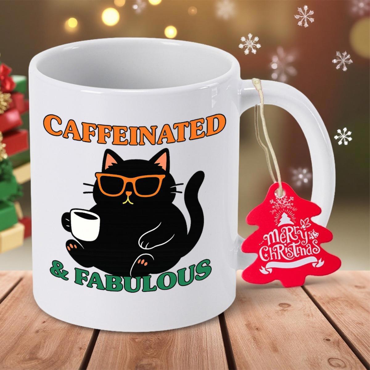 Tailorly White Ceramic 11 oz Mug - Caffeinated Fabulous Chubby Black Cat With Sunglasses Drinking Morning Coffee Cat
