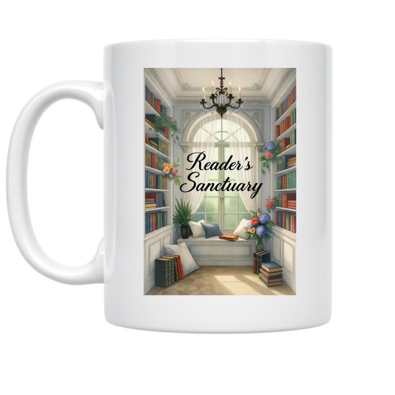 Tailorly White Ceramic 11 oz Mug - Reader's Sanctuary Cozy Indoor Reading Nook With Sunlit Window And Full Book Shelves Library