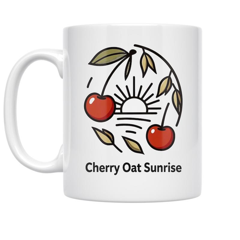 Tailorly White Ceramic 11 oz Mug - Cherry Oat Sunrise Rustic Sun Rising Over Vibrant Red Berries Among Delicate Autumn Leaves Cherry