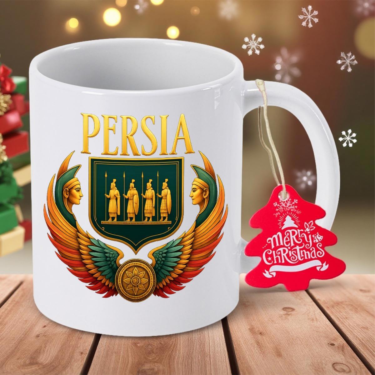 Tailorly White Ceramic 11 oz Mug - Persia Merry Christmas Ancient Royal Warriors Standing Inside Green Shield With Golden Feathers Emblem