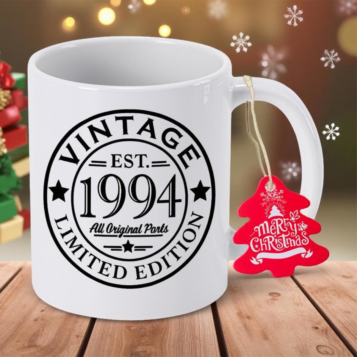 Tailorly White Ceramic 11 oz Mug - Vintage Est 1994 All Original Parts Limited Edition Classic Circular Emblem Featuring Decorative Stars And Year Mug