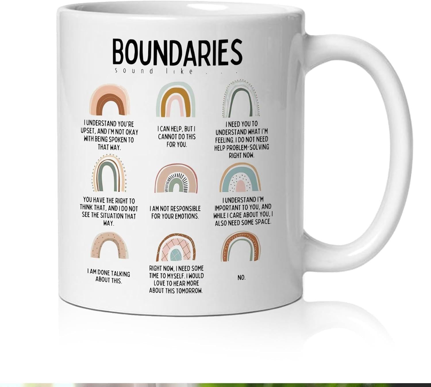 Tailorly White Ceramic 11 oz Mug - Boundaries Psalm 119 Earthy Toned Minimalist Boho Rainbows Arranged In A Symmetric Grid Pattern Mug