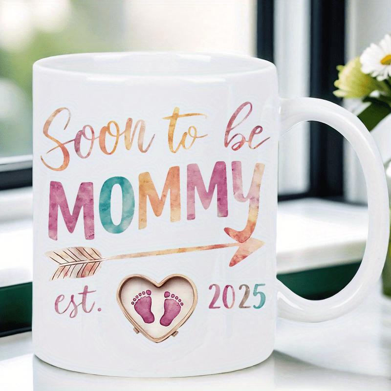 Tailorly White Ceramic 11 oz Mug - Soon To Be Mommy Est 2025 Watercolor Arrow And Heart Frame Encasing Tiny Pink Baby Footprints Mug