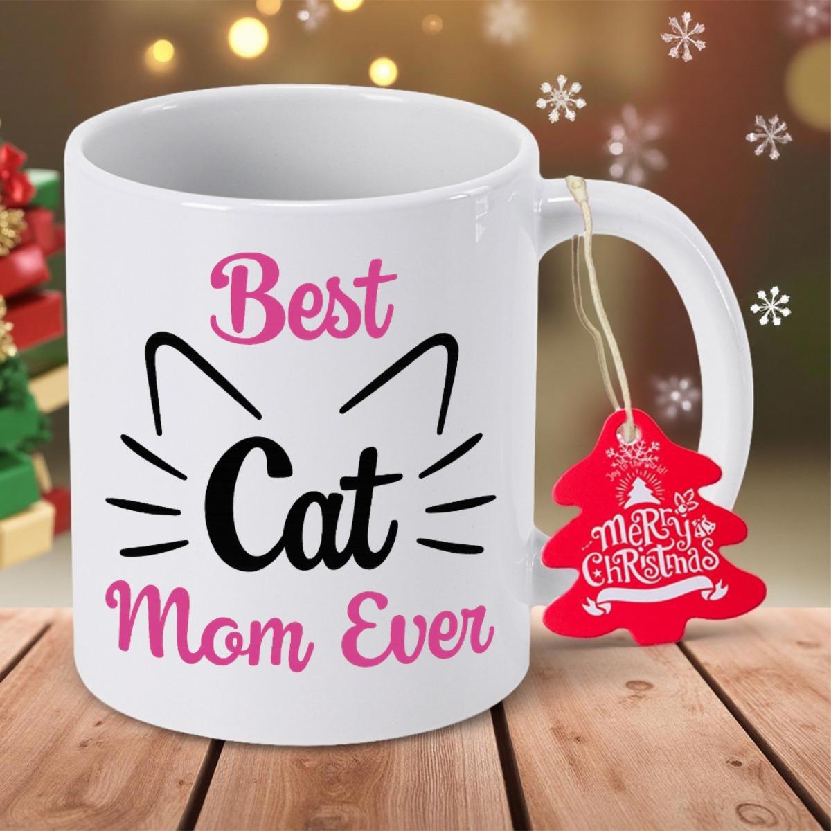 Tailorly White Ceramic 11 oz Mug - Best Cat Mom Ever Merry Christmas Minimalist Black Outlined Ears Featuring Whiskers On Ceramic White Surface Mug