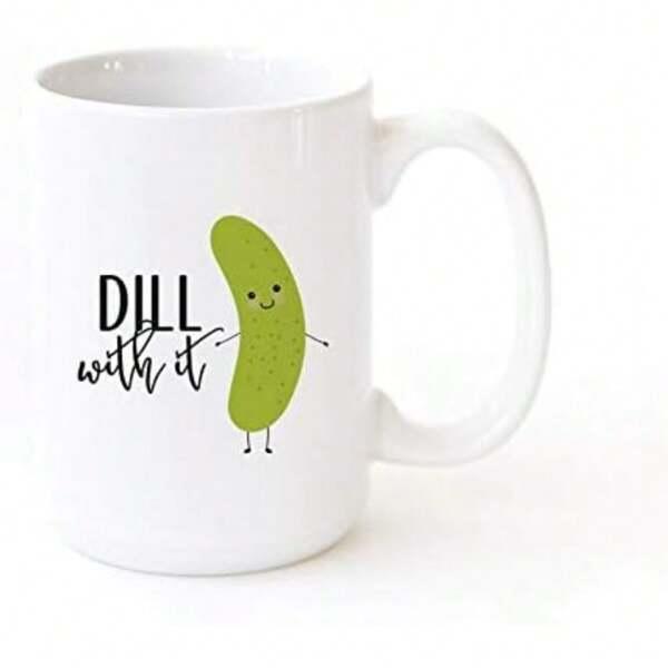 Tailorly White Ceramic 11 oz Mug - Dill With It Cute Smiling Green Cartoon Vegetable Character With Small Limbs Pickle