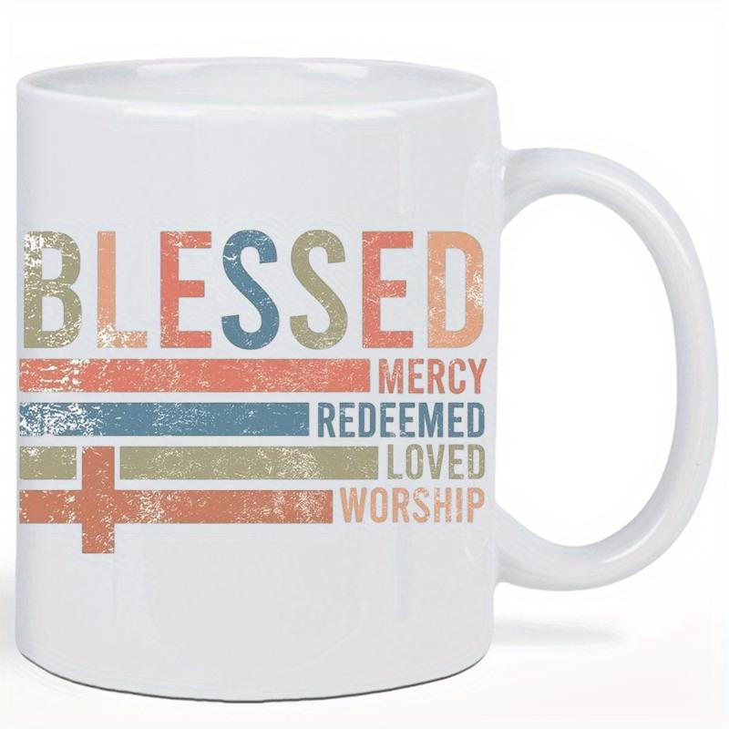 Tailorly White Ceramic 11 oz Mug - Blessed Mercy Redeemed Loved Worship Vintage Retro Style Colorful Stripes With Distressed Textures And Christian Cross