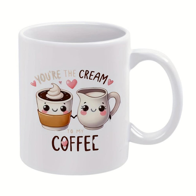 Tailorly White Ceramic 11 oz Mug - Youre The Cream To My Coffee Cute Smiling Characters Holding Hands Surrounded By Floating Pink Hearts Mug