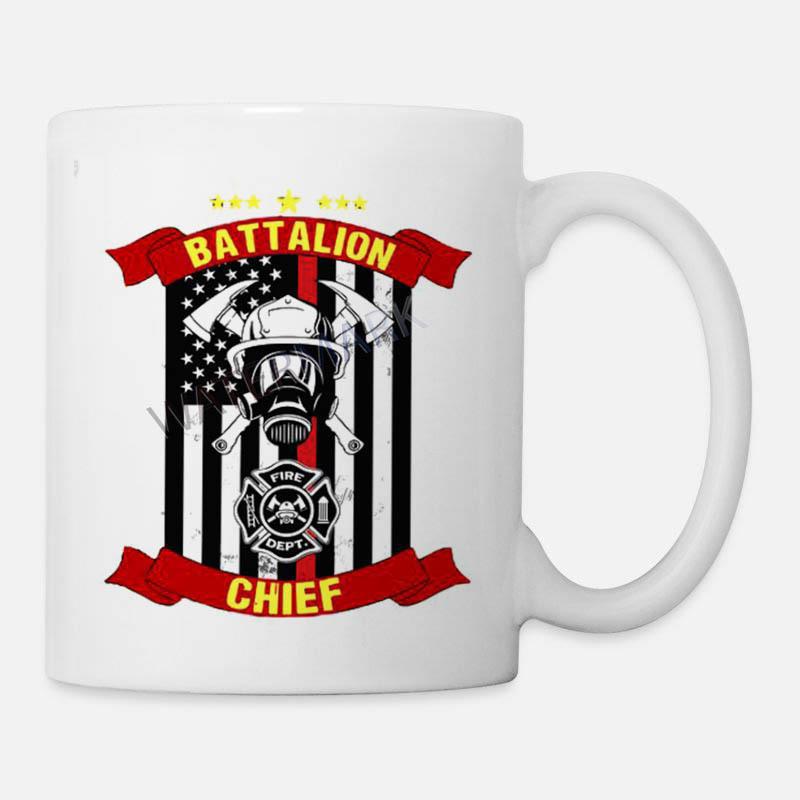 Tailorly White Ceramic 11 oz Mug - Battalion Chief Distressed American Flag With Thin Red Line And Crossed Firefighter Axes Helmet