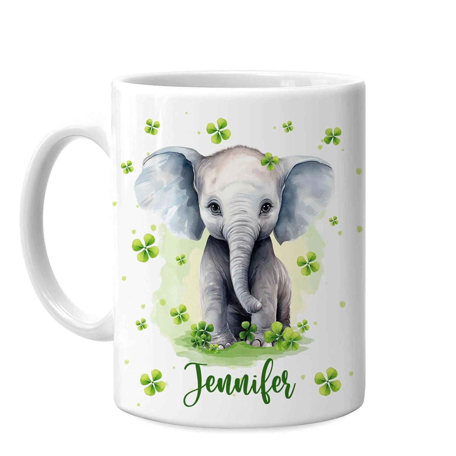 Tailorly White Ceramic 11 oz Mug - Jennifer Adorable Watercolor Baby Sitting Among Lucky Green Four Leaf Clovers Elephant
