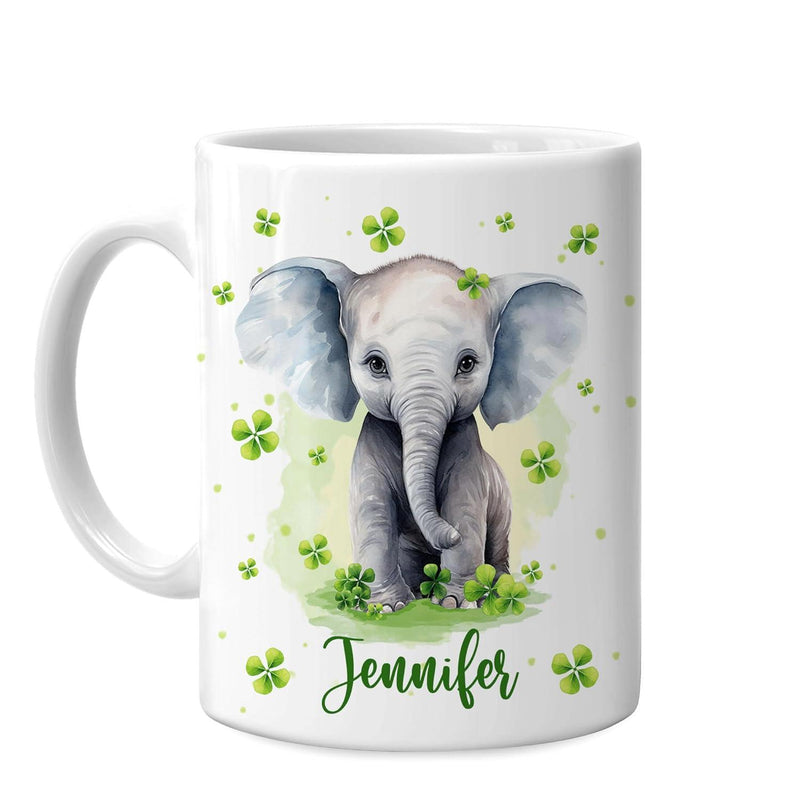 Tailorly White Ceramic 11 oz Mug - Jennifer Adorable Watercolor Baby Sitting Among Lucky Green Four Leaf Clovers Elephant