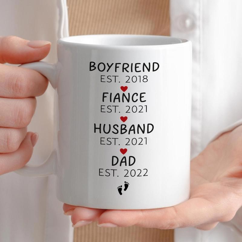 Tailorly White Ceramic 11 oz Mug - Boyfriend Fiance Husband Dad Minimalist Linear Typography With Small Red Hearts And Little Footprints