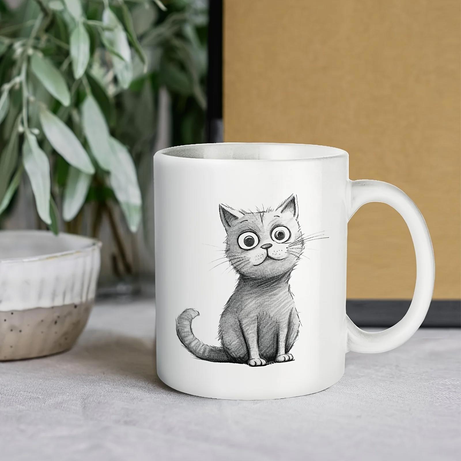Tailorly White Ceramic 11 oz Mug - Hand Drawn Sketch Style Curious Gray Kitten With Large Round Eyes Cat