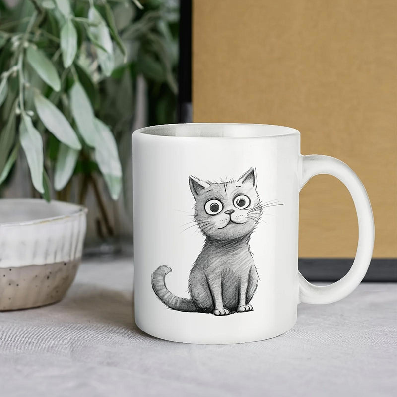 Tailorly White Ceramic 11 oz Mug - Hand Drawn Sketch Style Curious Gray Kitten With Large Round Eyes Cat