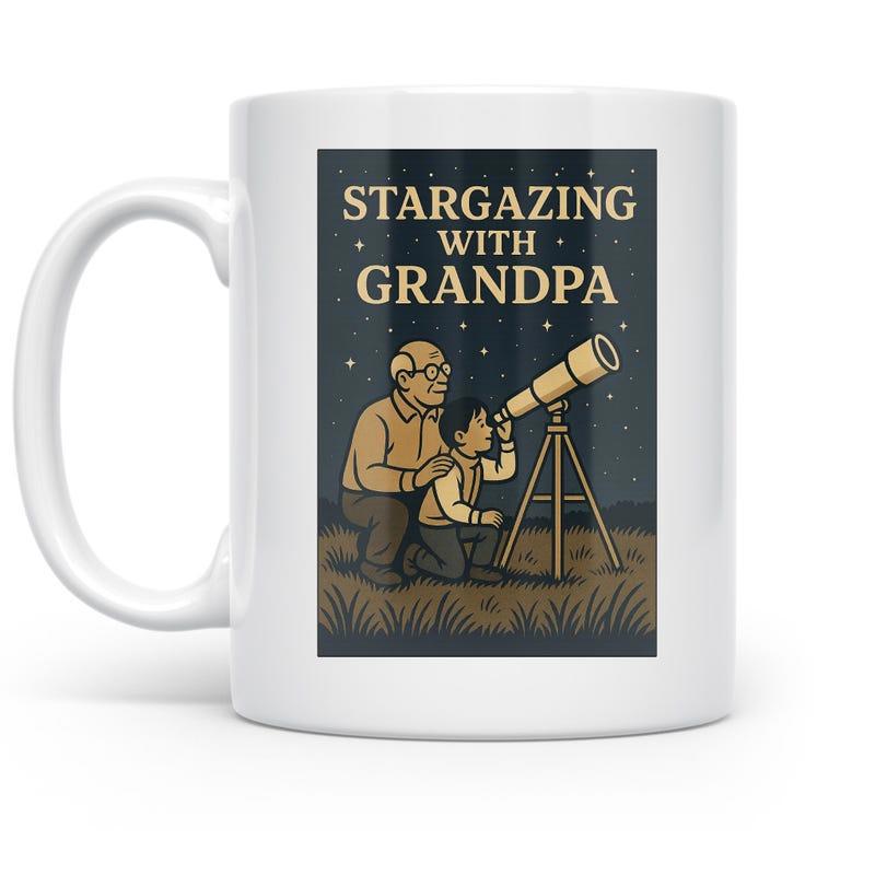 Tailorly White Ceramic 11 oz Mug - Stargazing With Grandpa Vintage Illustration Of Family Observing Night Sky Stars Telescope