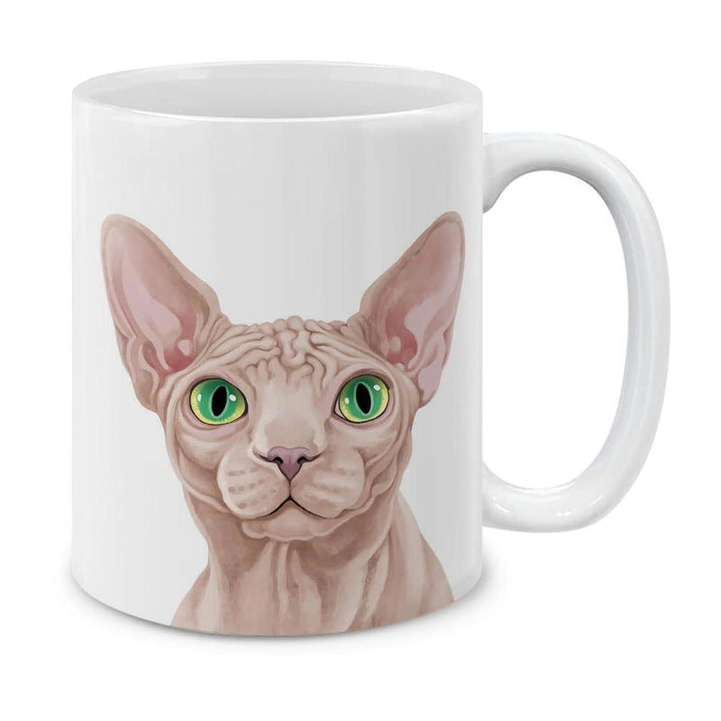 Tailorly White Ceramic 11 oz Mug - Unique Hairless Feline With Green Eyes And Wrinkled Skin Portrait Cat