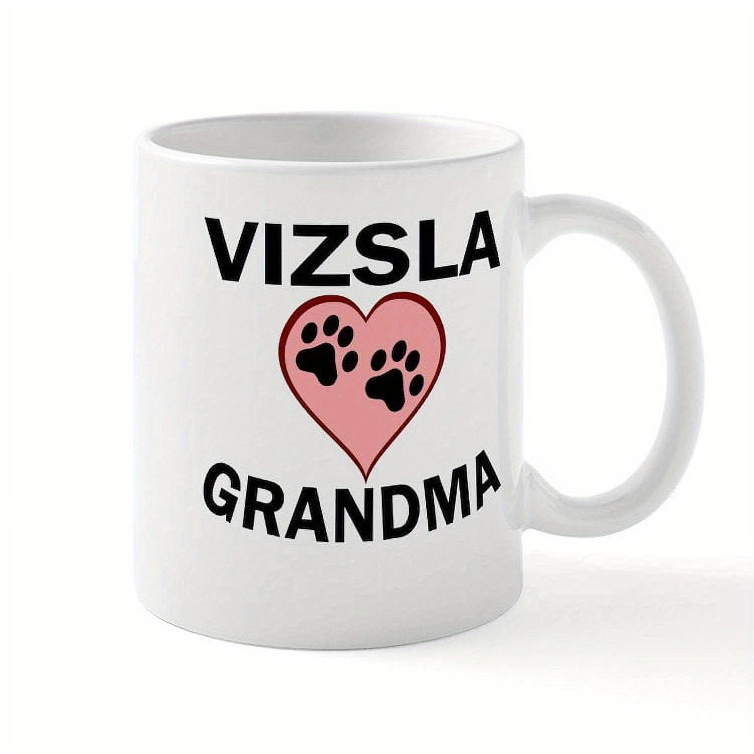 Tailorly White Ceramic 11 oz Mug - Vizsla Grandma Minimalist Pink Heart With Two Black Dog Paw Prints Design Heart