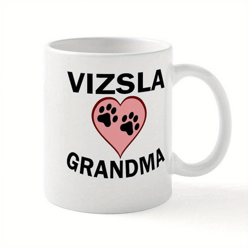 Tailorly White Ceramic 11 oz Mug - Vizsla Grandma Minimalist Pink Heart With Two Black Dog Paw Prints Design Heart