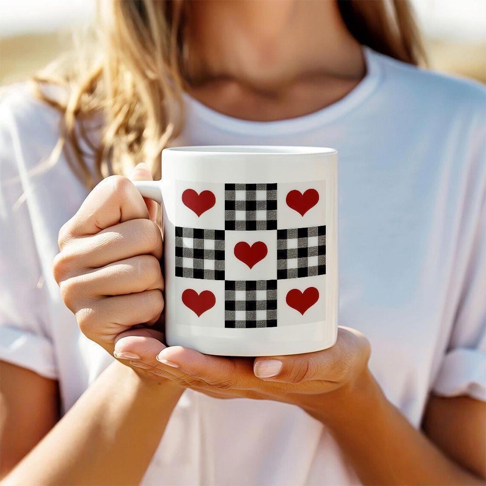 Tailorly White Ceramic 11 oz Mug - Rustic Buffalo Check Squares Combined With Vibrant Red Romantic Floating Heart