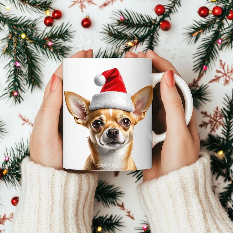Tailorly White Ceramic 11 oz Mug - Adorable Festive Dog Wearing Red Santa Hat Celebrating Holiday Spirit Chihuahua