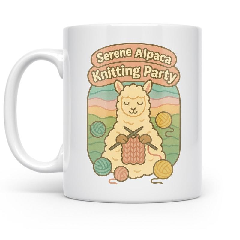 Tailorly White Ceramic 11 oz Mug - Serene Alpaca Knitting Party Cute Fluffy Creature Knitting With Needles Among Colorful Balls Of Yarn Alpaca