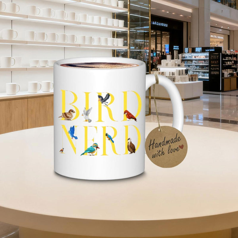 Tailorly White Ceramic 11 oz Mug - Bird Nerd Colorful Small Songbirds Perching On Large Elegant Bold Yellow Letters Bird