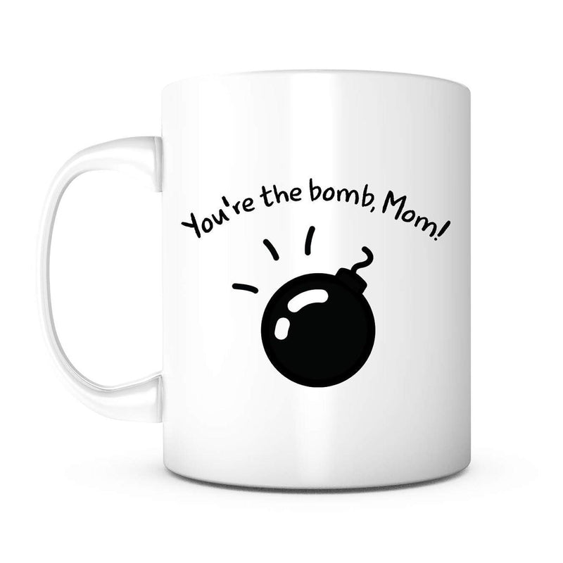 Tailorly White Ceramic 11 oz Mug - Youre The Bomb Mom Simple Minimalist Black Cartoon Stylized Graphic Illustration With Sparks Bomb