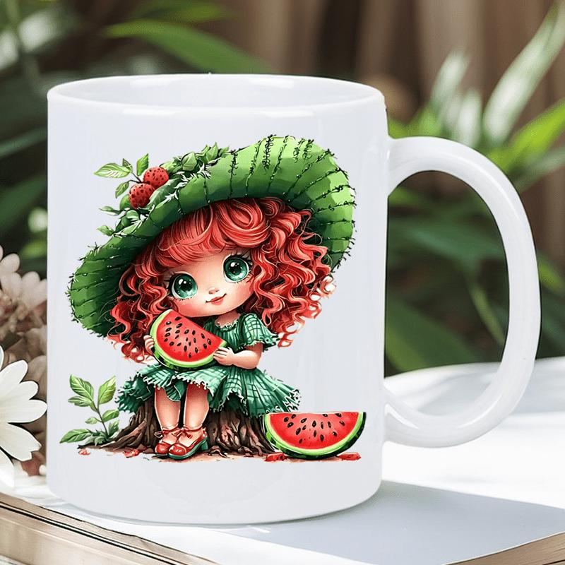 Tailorly White Ceramic 11 oz Mug - Adorable Curly Haired Child Wearing Leaf Hat Eating Fresh Summer Watermelon Girl